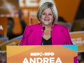 Ontario NDP Leader Andrea Horwath speaks to supporters during her campaign event in Hamilton, Ont., Thursday, June 2, 2022.&ampnbsp;Ontario Premier Doug Ford has called a byelection for next month to fill the Hamilton seat left vacant by Horwath.