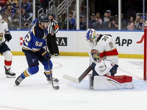 Florida Panthers goaltender Spencer Knight (30) deflects a shot on goal from St. Louis Blues' Noel Acciari (52) during the second period of an NHL hockey game, Tuesday, Feb. 14, 2023, in St. Louis.