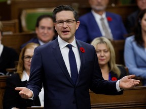Canada's Conservative Party of Canada leader Pierre Poilievre speaks in the House of Commons on Parliament Hill in Ottawa, November 3, 2022.