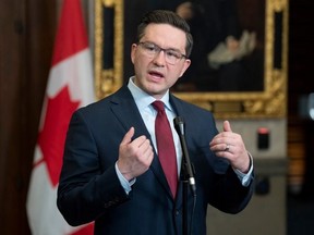 Conservative leader Pierre Poilievre responds to a reporter's question