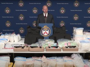 A drug investigation dubbed Project Cerro has led to the seizure of more than $32 million in Crystal meth, cocaine and fentanyl, four handguns and bulletproof vests, which were on display at Toronto Police Headquarters as Supt. Steve Watts, of Organized Crime Enforcement, revealed details of the operation on Wednesday, Feb. 1, 2023.