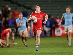 Canadian Lockie Kratz is shown in action Sunday, Feb.26, 2023 against Uruguay at the Los Angeles Sevens at Dignity Health Sports Park in Carson, Calif.
