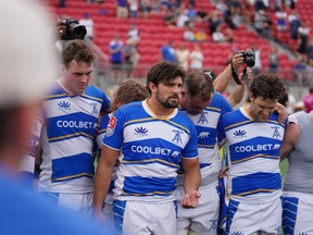 Toronto Arrows captain Lucas Rumball (centre) is shown July 4, 2022, at York Lions Stadium in Toronto.