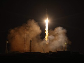 This handout picture taken and released by the Russian space agency Roscosmos shows the unmanned Soyuz MS-23 replacement spacecraft taking off to the International Space Station (ISS) from the Baikonur Cosmodrome in Kazakhstan on Feb. 24, 2023.