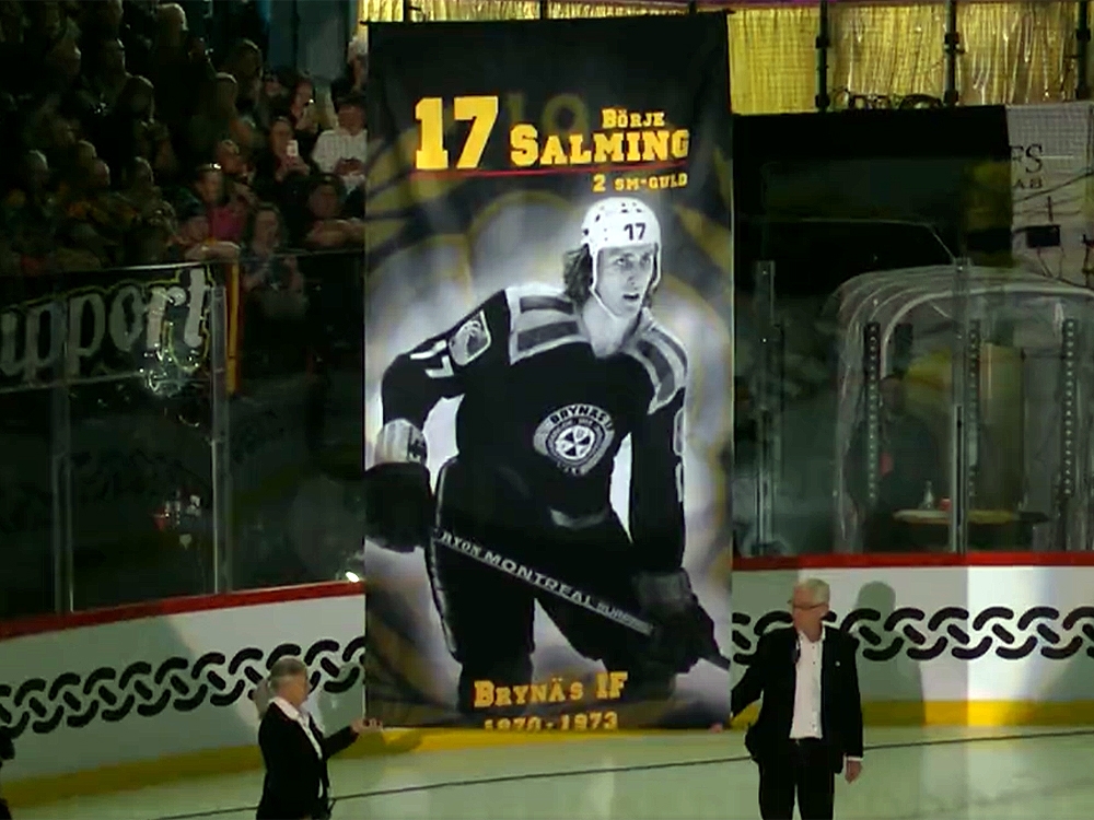 The Swedish ice hockey star Borje Salming is honored with a flag