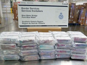 A total of 89 bricks of suspected cocaine weighing 100 kilograms and worth as much as $6 million was seized on Dec. 11 at the Blue Water Bridge, officials said Wednesday. (Canada Border Services Agency/RCMP)