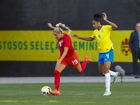 Canada's Adriana Leon, left, controls the ball as Brazil's Tainara gives chase during a women's friendly soccer match at Neo Quimica Arena in Sao Paulo, Brazil, Tuesday, Nov. 15, 2022. Canada Soccer may soon join Hockey Canada in coming under the scrutiny of the Standing Committee on Canadian Heritage.