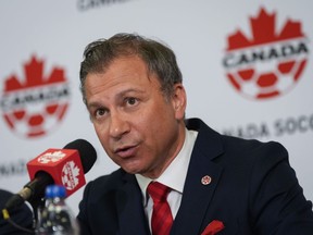 Canada Soccer president Nick Bontis speaks during a news conference, in Vancouver, on Sunday, June 5, 2022. Canada Soccer has been asked to deliver a copy of its controversial agreement with Canadian Soccer Business (CSB) to the Standing Committee on Canadian Heritage by Friday.