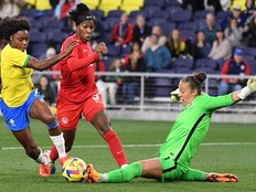Canada goalkeeper Kailen Sheridan (1) kicks the ball away from Brazil forward Ludmila (7) who was defended by defender Kadeisha Buchanan (3) during the second half at Geodis Park on Feb 19, 2023 in Nashville, Tenn.