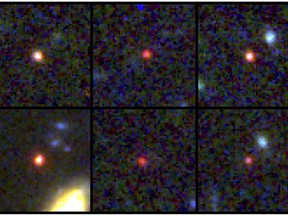 This image provided by NASA and the European Space Agency shows images of six candidate massive galaxies, seen 500-800 million years after the Big Bang. One of the sources (bottom left) could contain as many stars as our present-day Milky Way, but is 30 times more compact