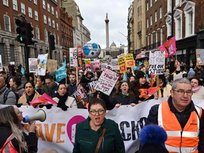 Joint General-Secretary of the National Education Union trade union (NEU)  Mary Bousted (C) shouts slogans as she leads a protest organised NEU and other affiliated trade unions in central London, on Feb. 1, 2023, as part of a national strike day.