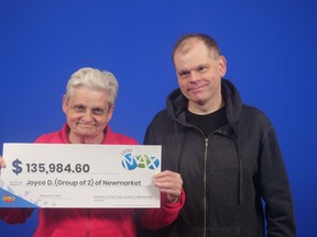 Mother and son Joyce Dew and Paul Moffatt, of Newmarket, won $135,984, taking the LOTTO MAX second prize on Oct. 7, 2022.