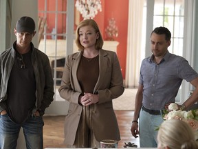 This image released by HBO shows, from left, Jeremy Strong, Sarah Snook and Kieran Culkin in a scene from the fourth season of "Succession." T