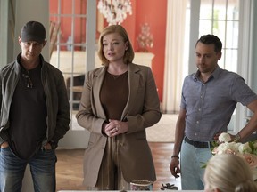 This image released by HBO shows, from left, Jeremy Strong, Sarah Snook and Kieran Culkin in a scene from the fourth season of "Succession."