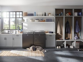 The Maytag® Pet Pro System is available in electric and gas models and in volcano black and white.  SUPPLIED
