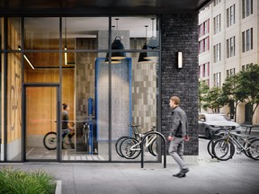 Centricity’s bike lobby at street level includes temporary parking and direct access to a dedicated bike elevator that takes you to the bike storage area where there is a bike service and wash station.