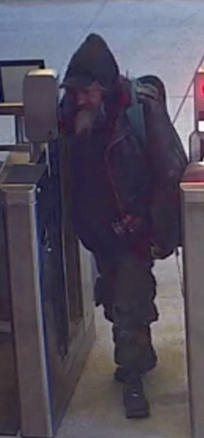 An image released by Toronto Police of a man sought in an alleged hate-motivated incident on a southbound subway train at Wilson Station on March 9, 2023.