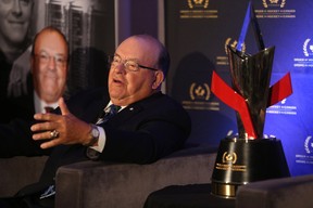 Scotty Bowman, one of the 2017 Distinguished Honourees of the Order of Hockey in Canada, answers questions at the Sheraton Cavalier in Saskatoon on June 19, 2017. Bowman believes the Boston Bruins are a special team in 2022-23.