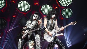 Gene Simmons, left, and Paul Stanley of KISS perform their End of the Road farewell tour in Montreal, Quebec on Aug. 16, 2019.