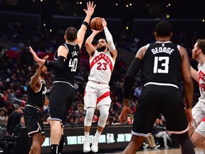 Toronto Raptors guard Fred VanVleet (23) shoots against Los Angeles Clippers centre Ivica Zubac (40) during Wednesday's game.