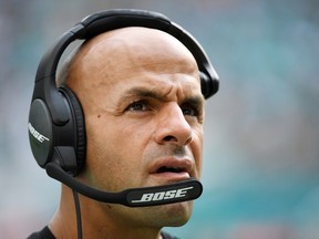 Head coach Robert Saleh of the New York Jets looks on from the side line during the third quarter fo the game against the Miami Dolphins at Hard Rock Stadium on December 19, 2021 in Miami Gardens, Florida.