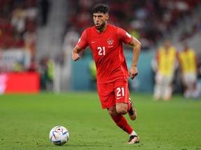 Jonathan Osorio of Canada in action during the FIFA World Cup Qatar 2022 Group F match between Canada and Morocco at Al Thumama Stadium on December 01, 2022 in Doha, Qatar.