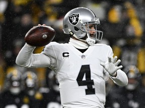 Derek Carr of the Las Vegas Raiders throws a pass during the first quarter against the Pittsburgh Steelers at Acrisure Stadium on December 24, 2022 in Pittsburgh, Pennsylvania.