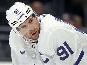 John Tavares of the Toronto Maple Leafs looks on during the second period against the Seattle Kraken at Climate Pledge Arena on February 26, 2023 in Seattle, Washington.