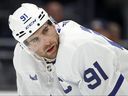 John Tavares of the Toronto Maple Leafs looks on during the second period against the Seattle Kraken.