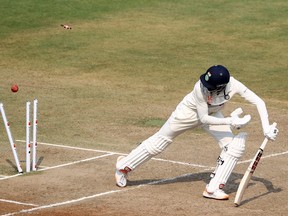 KS Bharat of India is bowled by Nathan Lyon of Australia during day two of the Third Test match in the series between India and Australia at Holkare Cricket Stadium on March 02, 2023 in Indore, India.
