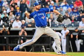 Blue Jays pitcher Drew Hutchison delivers a pitch to the New York Yankees in the first inning during a Grapefruit League game at George M. Steinbrenner Field on Tuesday, March 14, 2023 in Tampa, Fla. Julio Aguilar/Getty Images