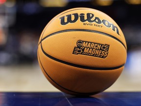 A detailed view of the NCAA March Madness logo on a Wilson Evo NXT Match Ball during the second half in the first round of the NCAA Men's Basketball Tournament at Amway Center on March 16, 2023 in Orlando, Florida.