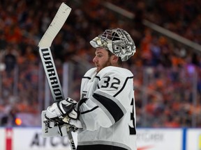 L.A. Kings’ goaltender Jonathan Quick (32) is seen during third period NHL Stanley Cup playoffs action versus the Edmonton Oilers at Rogers Place in Edmonton, on Saturday, May 14, 2022. Photo by Ian Kucerak/Postmedia