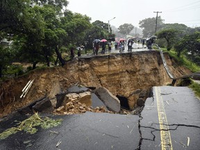 A road connecting the two cities of Blantyre and Lilongwe is seen damaged following heavy rains caused by Tropical Cyclone Freddy in Blantyre, Malawi, March 14 2023.