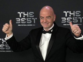 FIFA president Gianni Infantino poses on the green carpet before the ceremony of the Best FIFA Football Awards in Paris, France, Monday, Feb. 27, 2023.