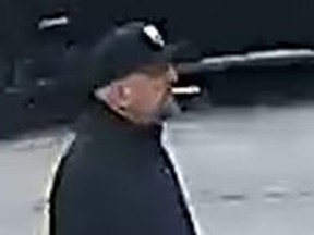 An image from surveillance footage released by Toronto Police of a man wanted in an indecent exposure case on March 22, 2023 in the Dundas Street East and Woodfield Road area.
