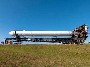 Relativity Space's 3D-printed rocket Terran 1 sits is rolled out to the launch pad at the Cape Canaveral Air Force Station in this Dec. 7, 2022 photograph.