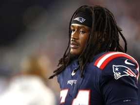 Dont'a Hightower of the New England Patriots looks on during the second quarter of a game against the Atlanta Falcons at Gillette Stadium on October 22, 2017 in Foxboro, Massachusetts.
