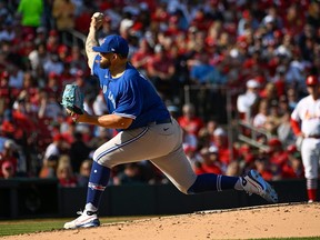 Alek Manoah  of the Toronto Blue Jays pitches against the St. Louis Cardinals in the second inning on Opening Day at Busch Stadium.