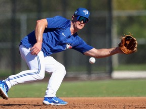 Third baseman Matt Chapman, npow inhis second season with Toronto, participates in spring workouts at the Blue Jays Player Development Complex.