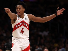 Toronto Raptors forward Scottie Barnes (4) reacts to a call during the third quarter against the Los Angeles Lakers at Crypto.com Arena March 10, 2023.