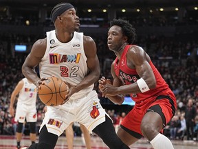 Nov 16, 2022; Toronto, Ontario, CAN; Toronto Raptors forward O.G. Anunoby (3) defends against Miami Heat forward Jimmy Butler (22) during the first half at Scotiabank Arena.