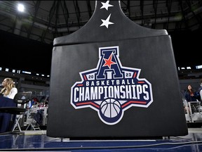 Mar 12, 2023; Fort Worth, TX, USA; A view of the American Athletic Conference Tournament logo during the game between the Houston Cougars and the Memphis Tigers at Dickies Arena. Mandatory Credit: Jerome Miron-USA TODAY Sports