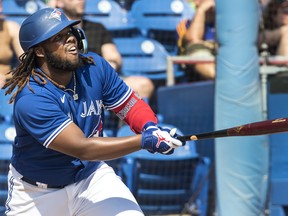 Toronto Blue Jays' Vladimir Guerrero Jr. watches ball hit to the warning track but caught for an out in the third inning of their spring training game against the Pittsburgh Pirates in Dunedin, Fla., Thursday, March 2, 2023.