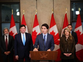 Prime Minister Justin Trudeau speaks during a news conference on Parliament Hill in Ottawa on Monday, March 6, 2023. Trudeau is calling on the committee of parliamentarians that reviews matters of national security and the national intelligence watchdog to independently investigate concerns about foreign interference in Canada.