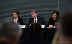 Commission chair Michael MacDonald, Commissioners Leanne Fitch and Kim Stanton address family, friends and the public as the Mass Casualty Commission delivers its final report into the April 2020 mass shootings, when a gunman who at one point masqueraded as a police officer caused country's worst mass shooting during a 12-hour rampage, in Truro, Nova Scotia, Canada, on March 30, 2023.