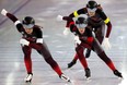 Valerie Maltais, Ivanie Blondin and Isabelle Weidemann of Canada skate to gold in the Team Pursuit Women race during the ISU World Speed Skating Championships at Thialf Ice Rink in Heerenveen, Netherlands on Friday. Dean Mouhtaropoulos/Getty Images