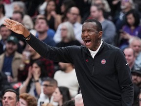 Detroit Pistons head coach Dwane Casey reacts during the fourth quarter against the Toronto Raptors at Scotiabank Arena.