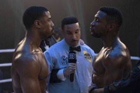 Michael B. Jordan and Jonathan Majors in a scene from Creed III.