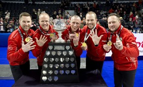 Brad Gushue (l to r), Mark Nichols, E.J. Harnden, Geoff Walker and coach Caleb Flaxey will be joined by alternate Ryan Harnden in representing Canada at the world championship in Ottawa.